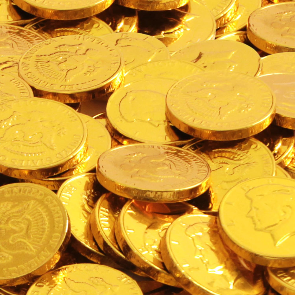 Yumzo gold chocolate coins with shimmering foil arranged for a buffet