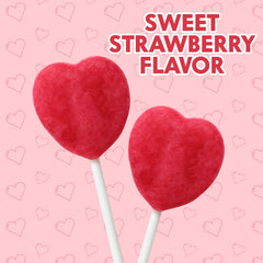 Yumzo strawberry-flavored heart lollipops show bright color and kid-friendly appeal.