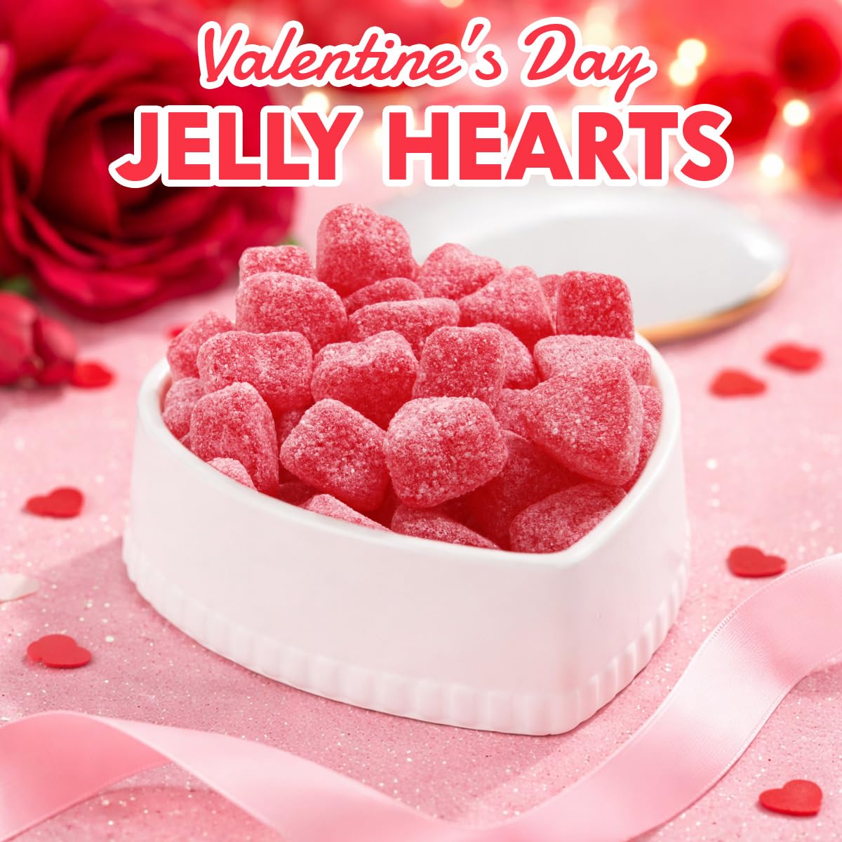 Classroom exchange setup with Yumzo Valentine Cherry Jelly Hearts for sharing.