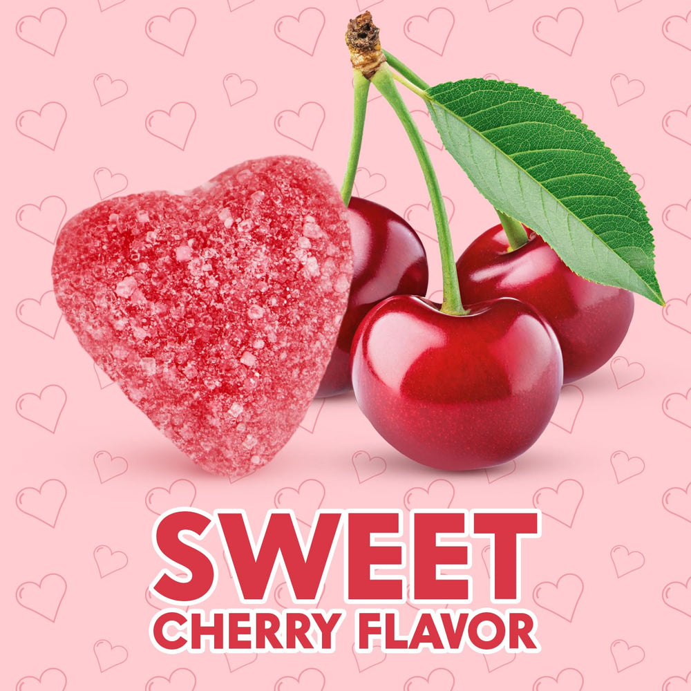 Close-up of Yumzo Cherry Jelly Hearts showing bright red color and chewy texture.
