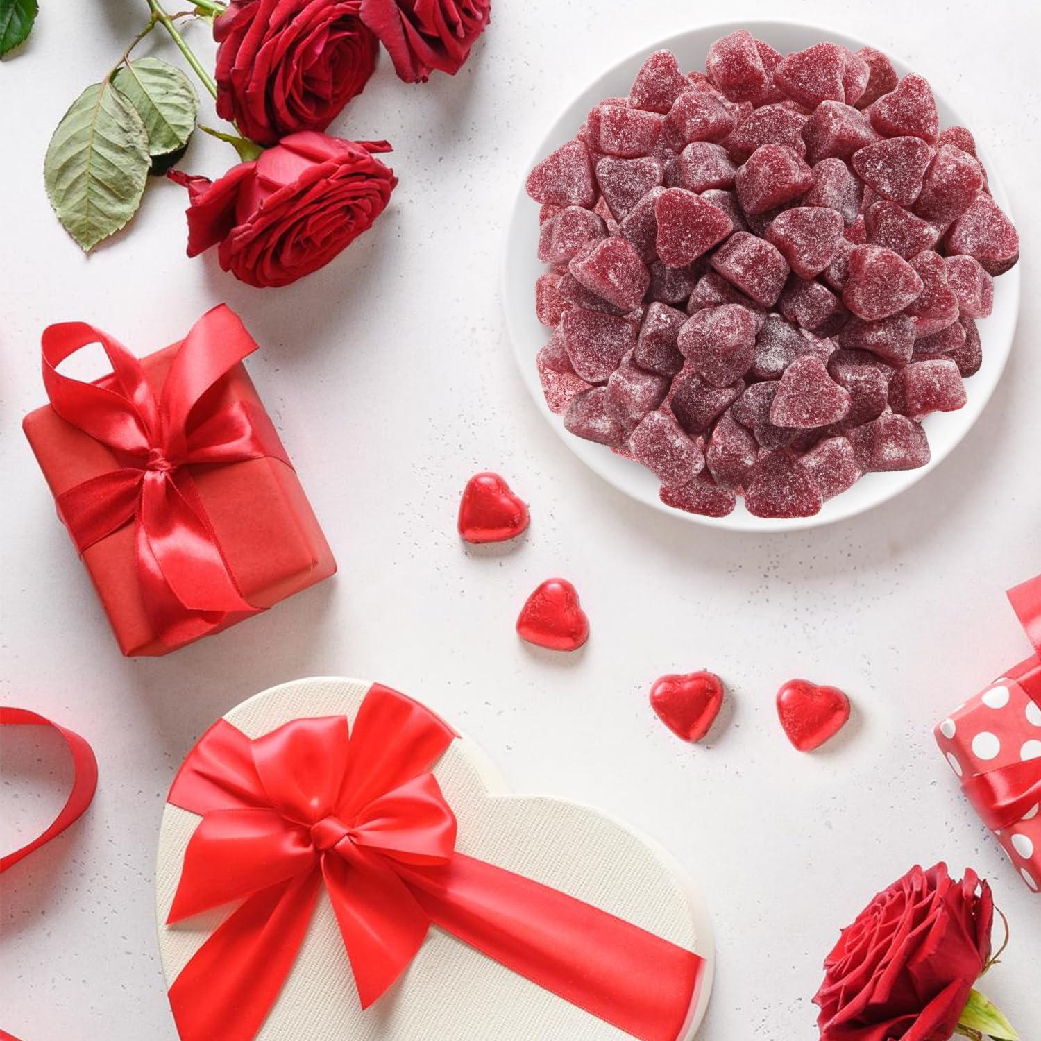 Colorful cinnamon jelly hearts to decorate treat boxes and dessert buffets