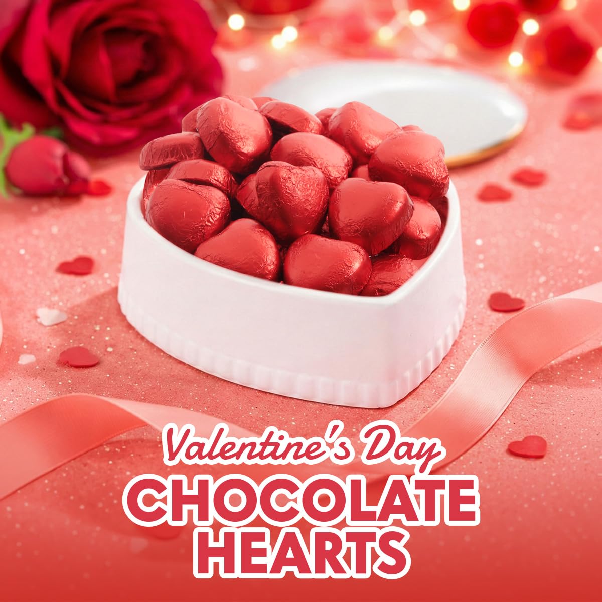 Yumzo heart chocolates arranged for gift bags and bowls.