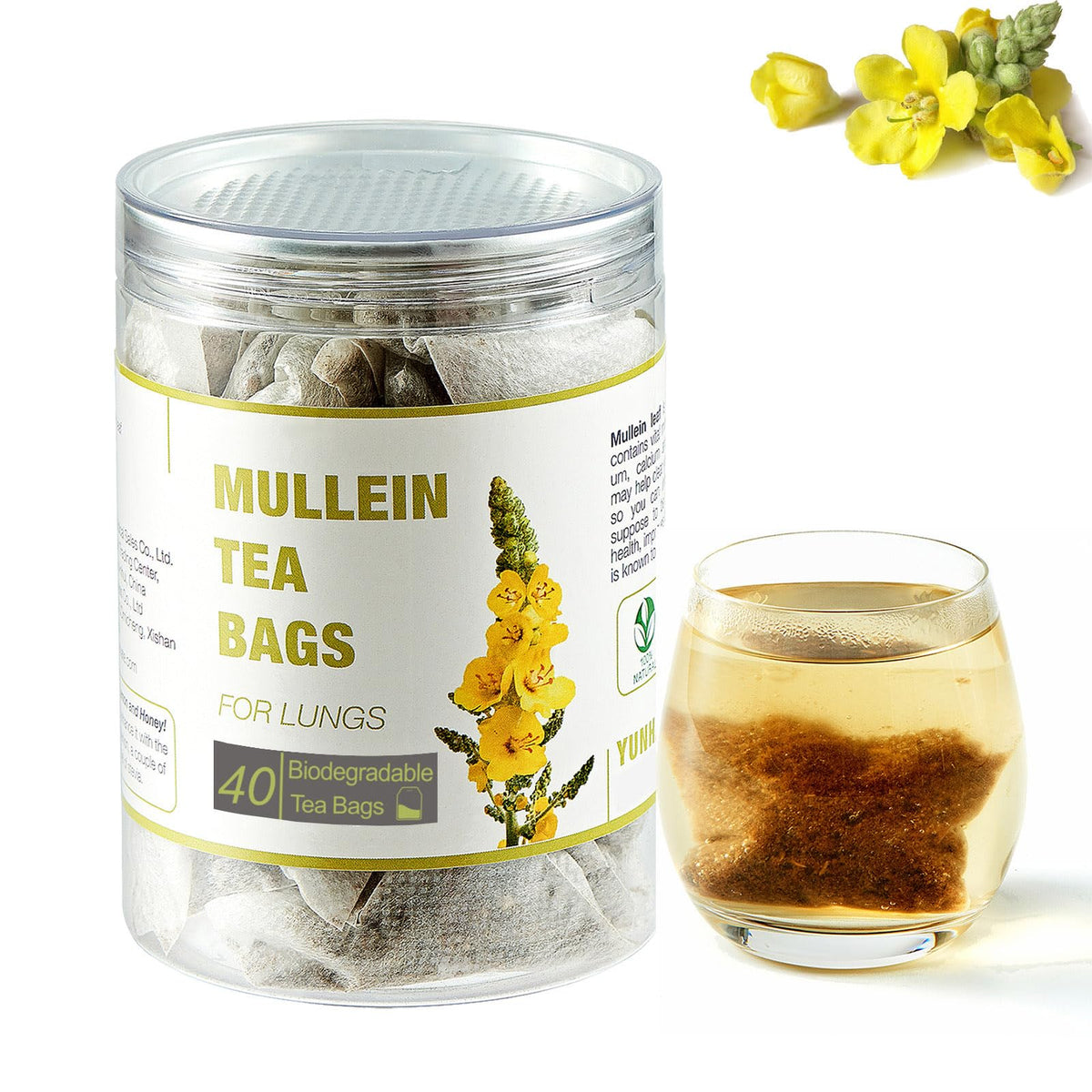 YUNHAHA 40-bags mullein tea packaging highlights caffeine-free herbal lung support