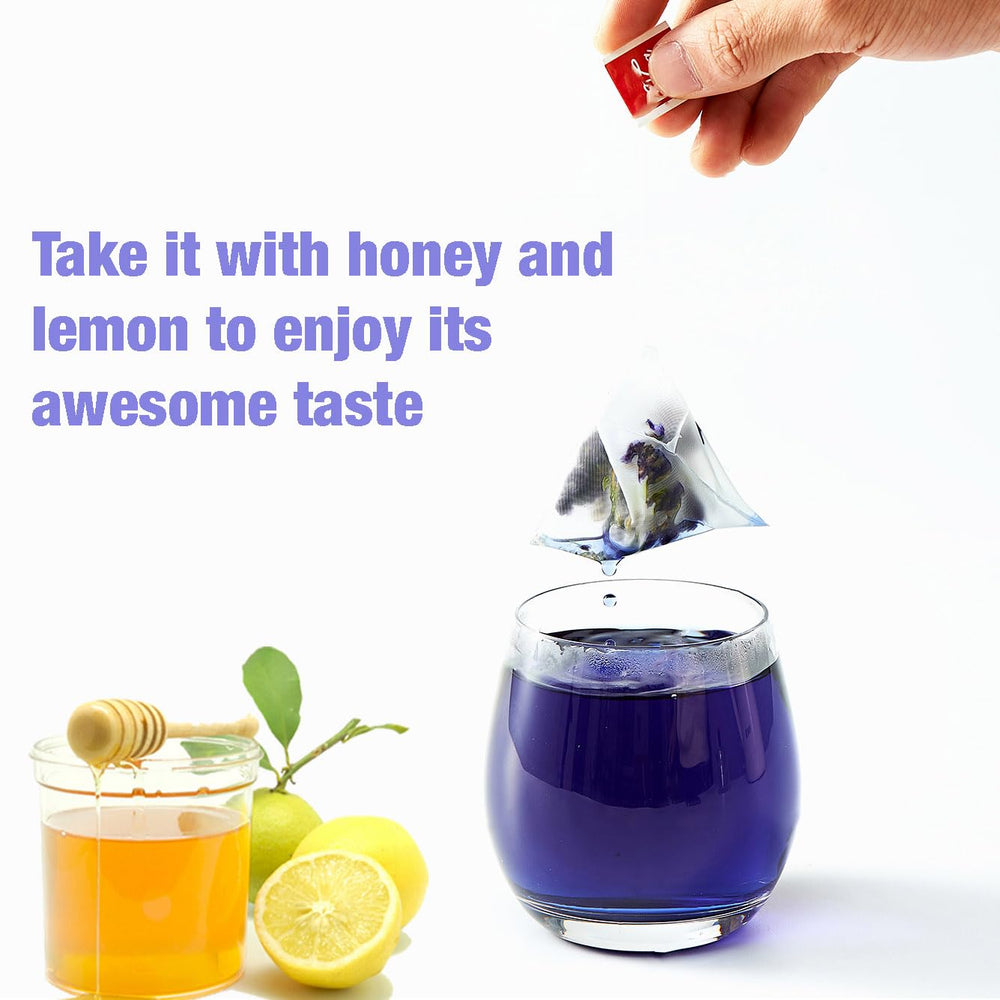 YUNHAHA blue pea tea shown hot and cold for versatile serving.