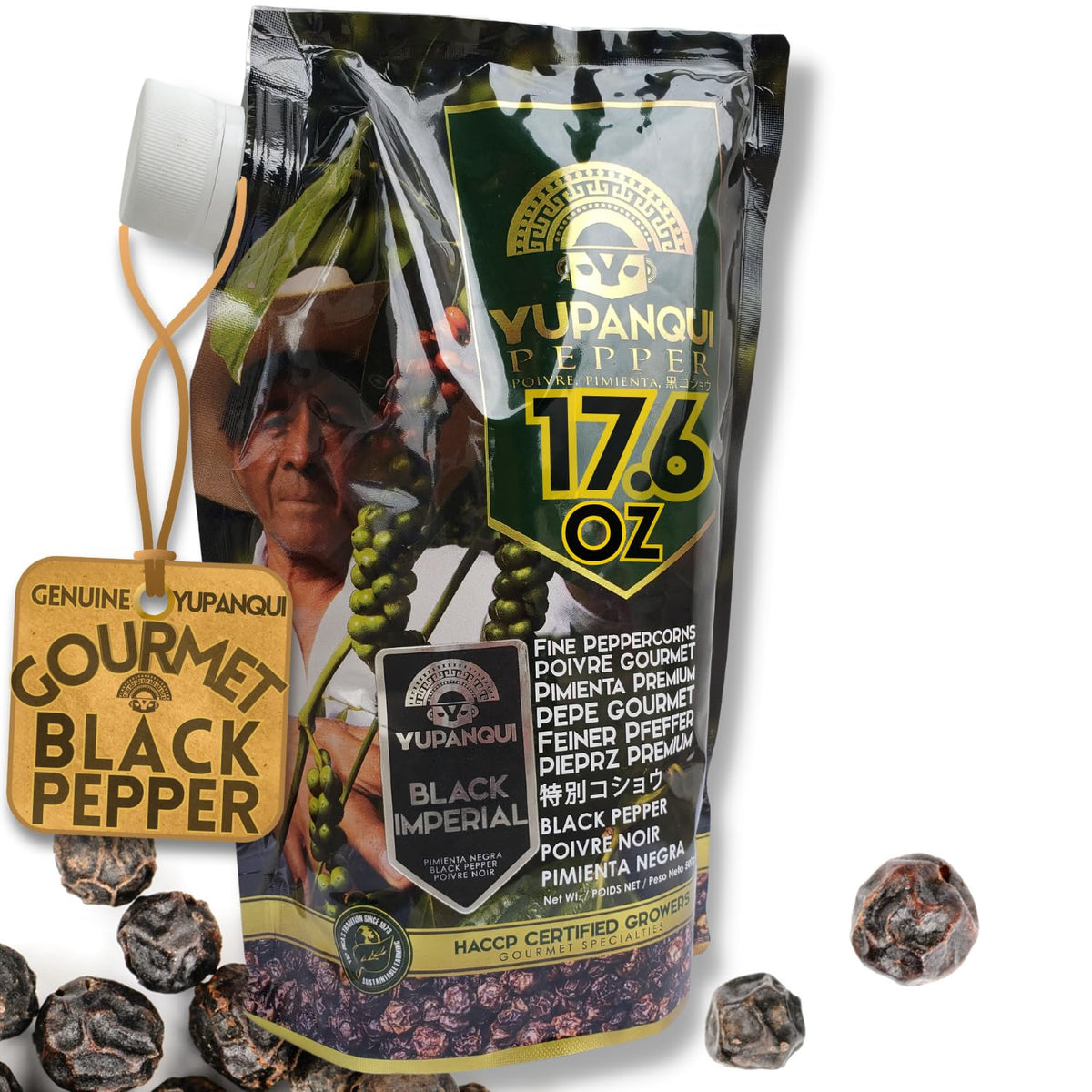 Yupanqui organic black peppercorns, whole for grinder, offering fresh aroma for every dish.