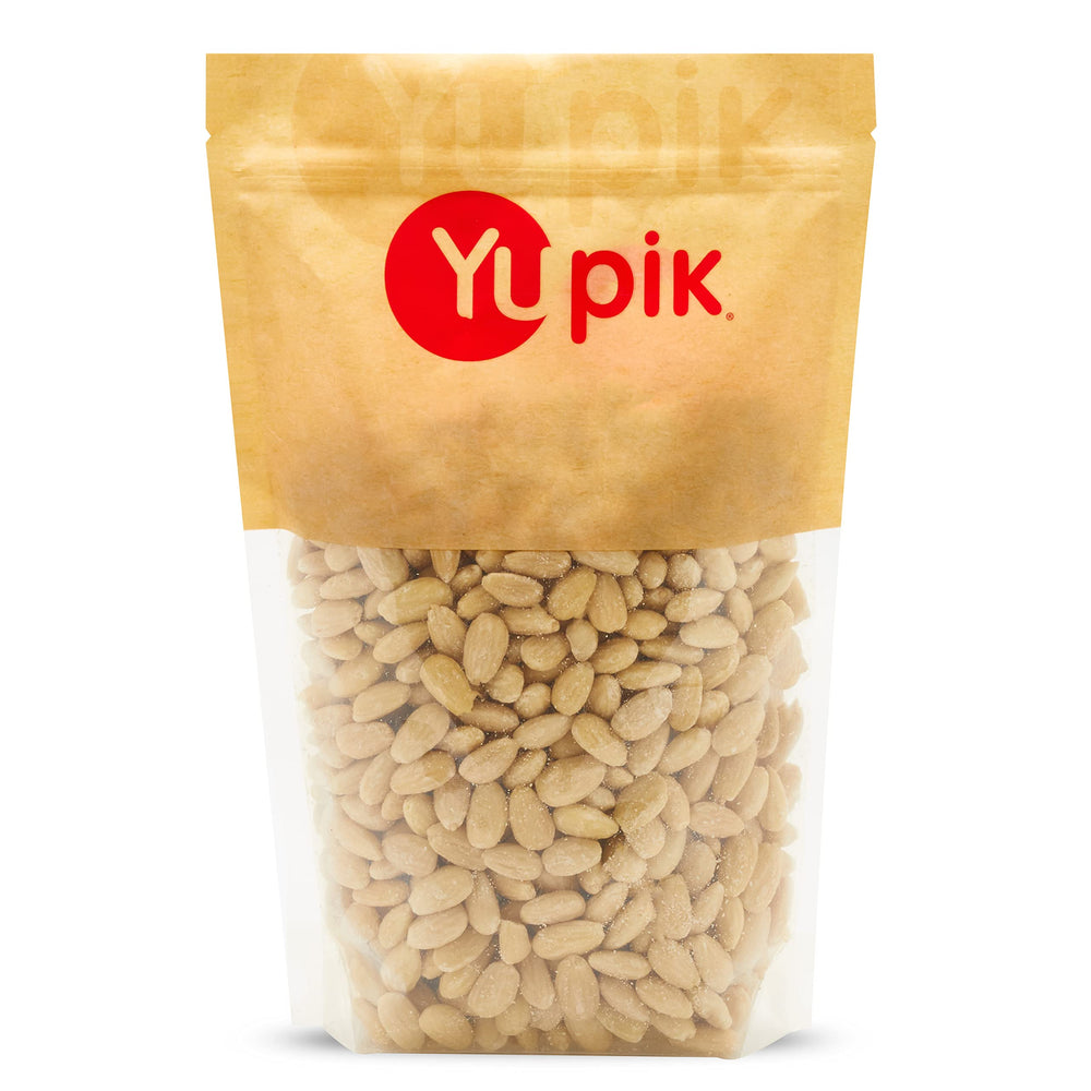 Yupik skinless whole almonds in a bag, ideal for snacking or baking.