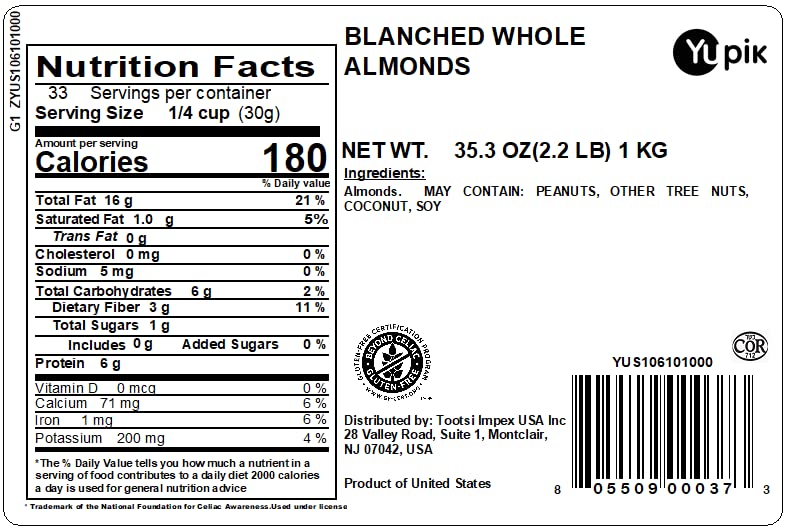 Yupik skinless whole almonds close-up, smooth texture for baking and cooking.