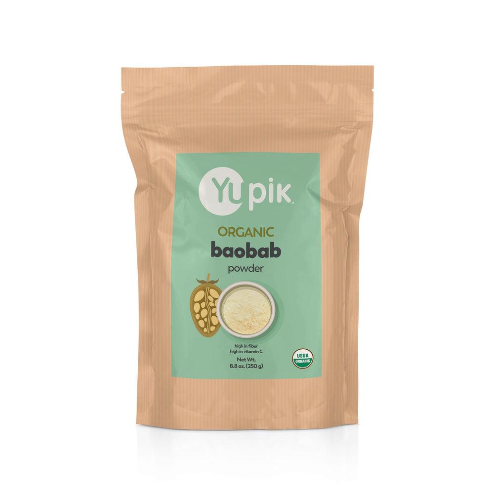 Yupik Organic Baobab Powder packaging highlights organic certification and high fiber