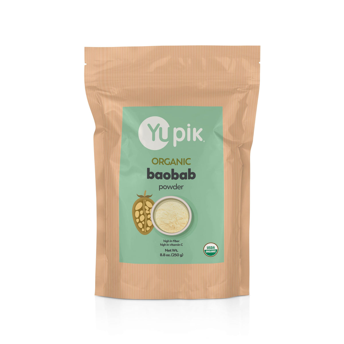 Yupik Organic Baobab Powder packaging highlights organic certification and high fiber