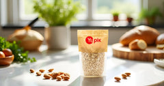 Yupik blanched almonds nutrition label highlights fiber and protein.