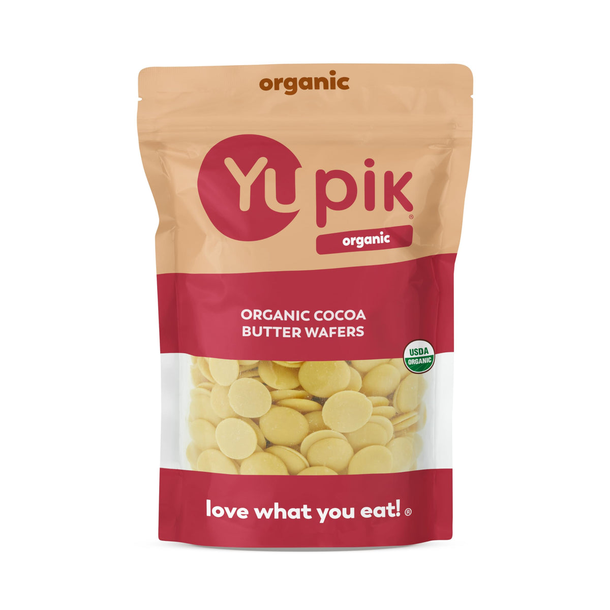 Yupik Cocoa Butter Wafers pack shot highlights pure cocoa butter ready for baking.