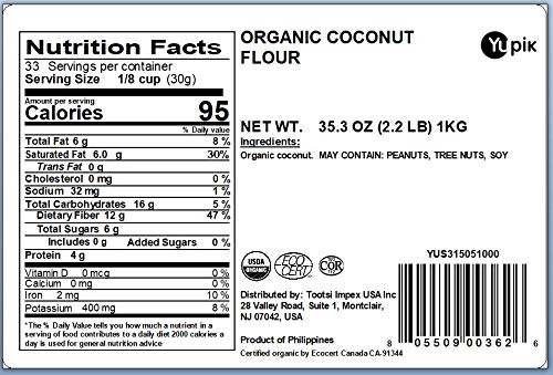 Yupik coconut flour scoop and bowl highlight convenient measuring for low-sugar baking.