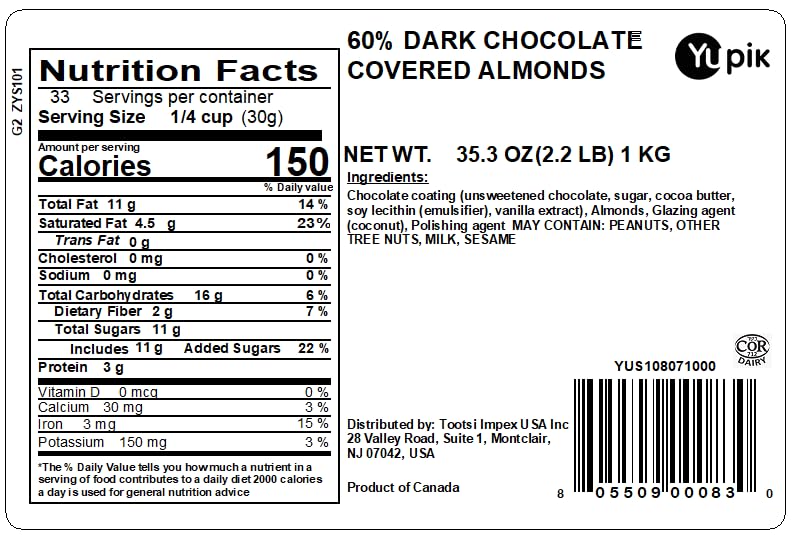 Close-up of Yupik dark chocolate almonds showing smooth and crunchy texture.
