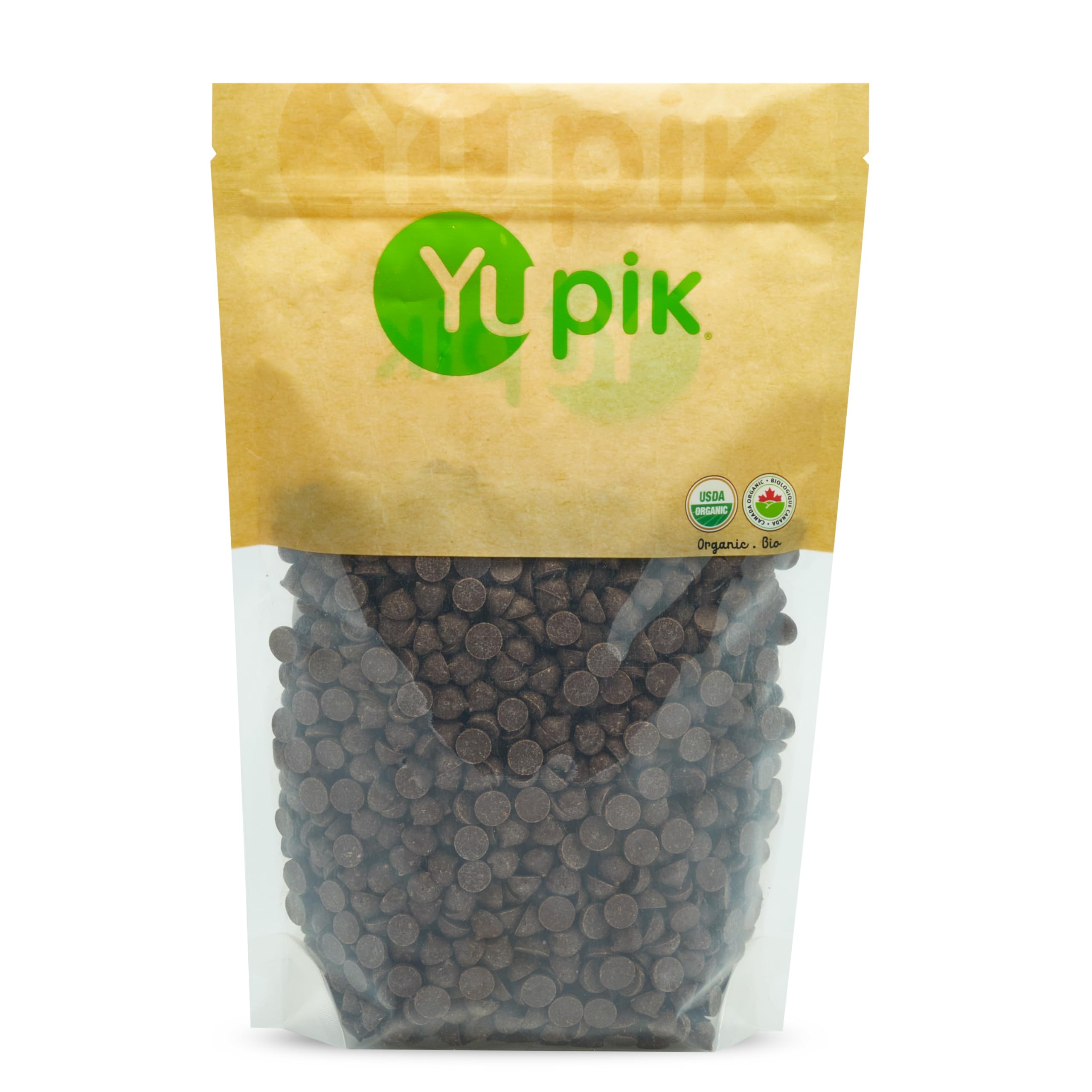 Yupik organic dark chocolate chips 70% in bag, ideal for baking.