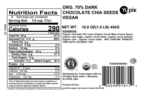 Close up of dark chocolate coated chia seeds highlighting smooth crunch texture