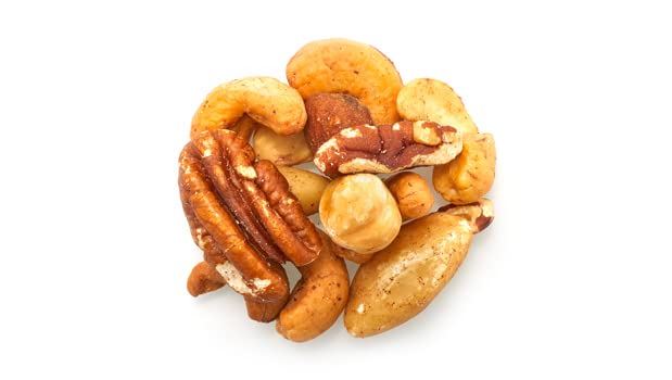 Yupik Deluxe Nut Mix ingredients display showing Brazil nuts, almonds, cashews, pecans, hazelnuts.