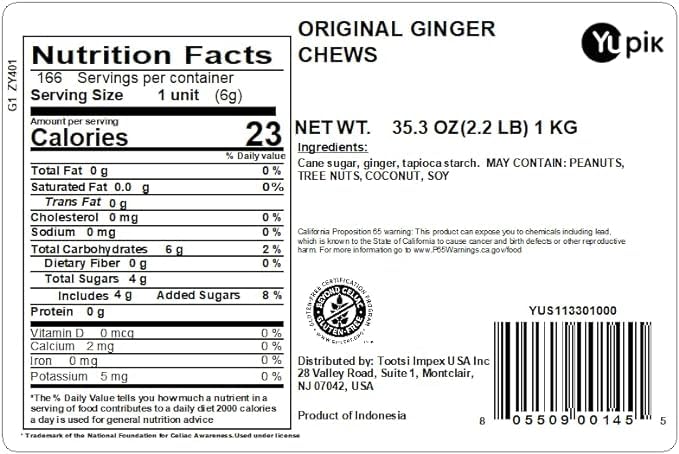 Yupik Ginger Chews bag close-up, individually wrapped bites