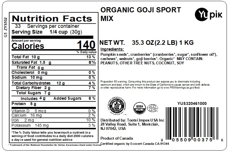 Close-up of Yupik Goji Sport Trail Mix ingredients with goji berries and seeds