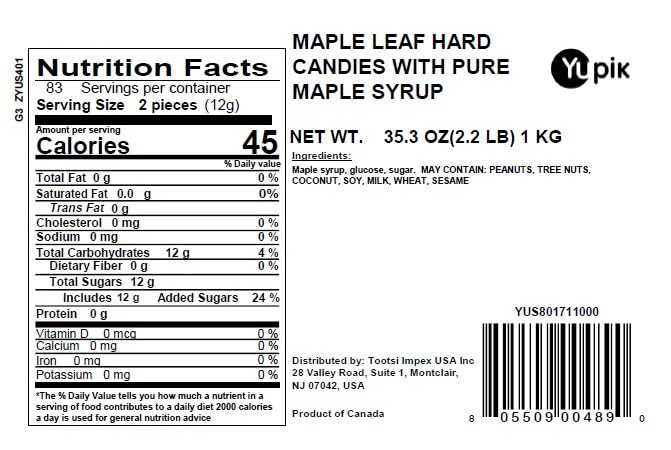 Yupik maple leaf hard candies individual wrappers, perfect for on-the-go snacking.
