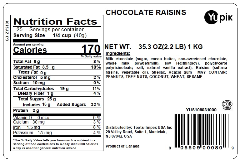Yupik milk chocolate covered raisins closeup highlights smooth, chewy texture.