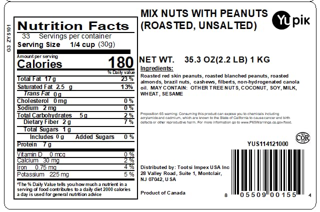 Yupik Mixed Nuts ingredients closeup shows peanuts, cashews, almonds and hazelnuts.
