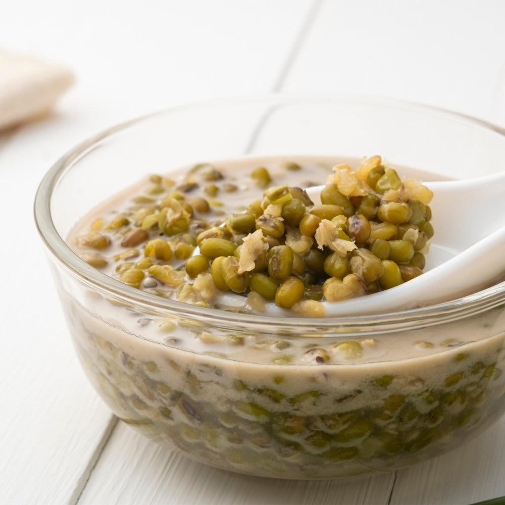 Yupik mung beans in a soup bowl highlighting protein and fiber.
