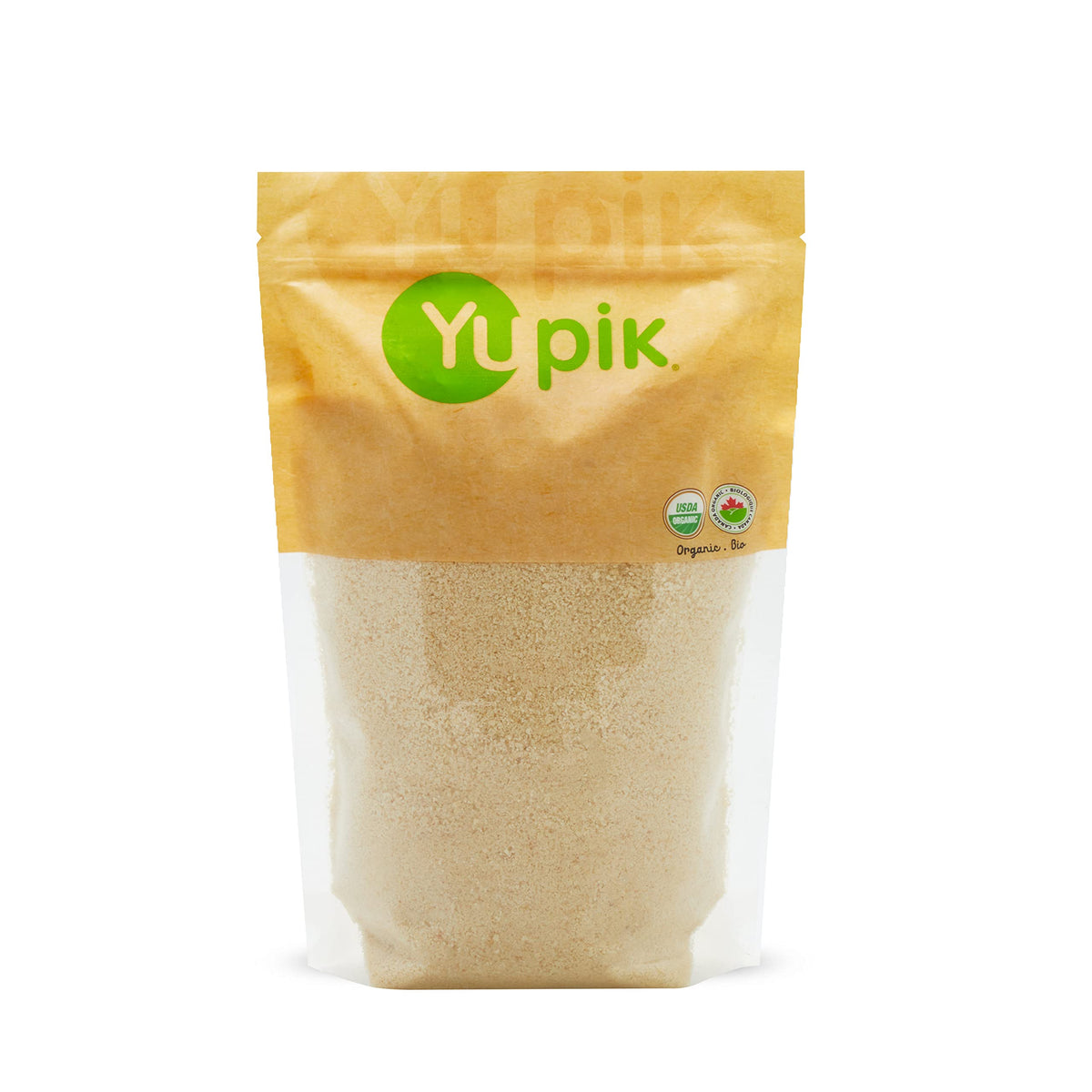 Yupik Organic Almond Meal in a jar shows a fine, light texture ideal for baking.