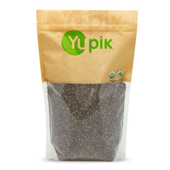 Yupik Organic Black Chia Seeds in a resealable bag, rich in fiber and omega-3