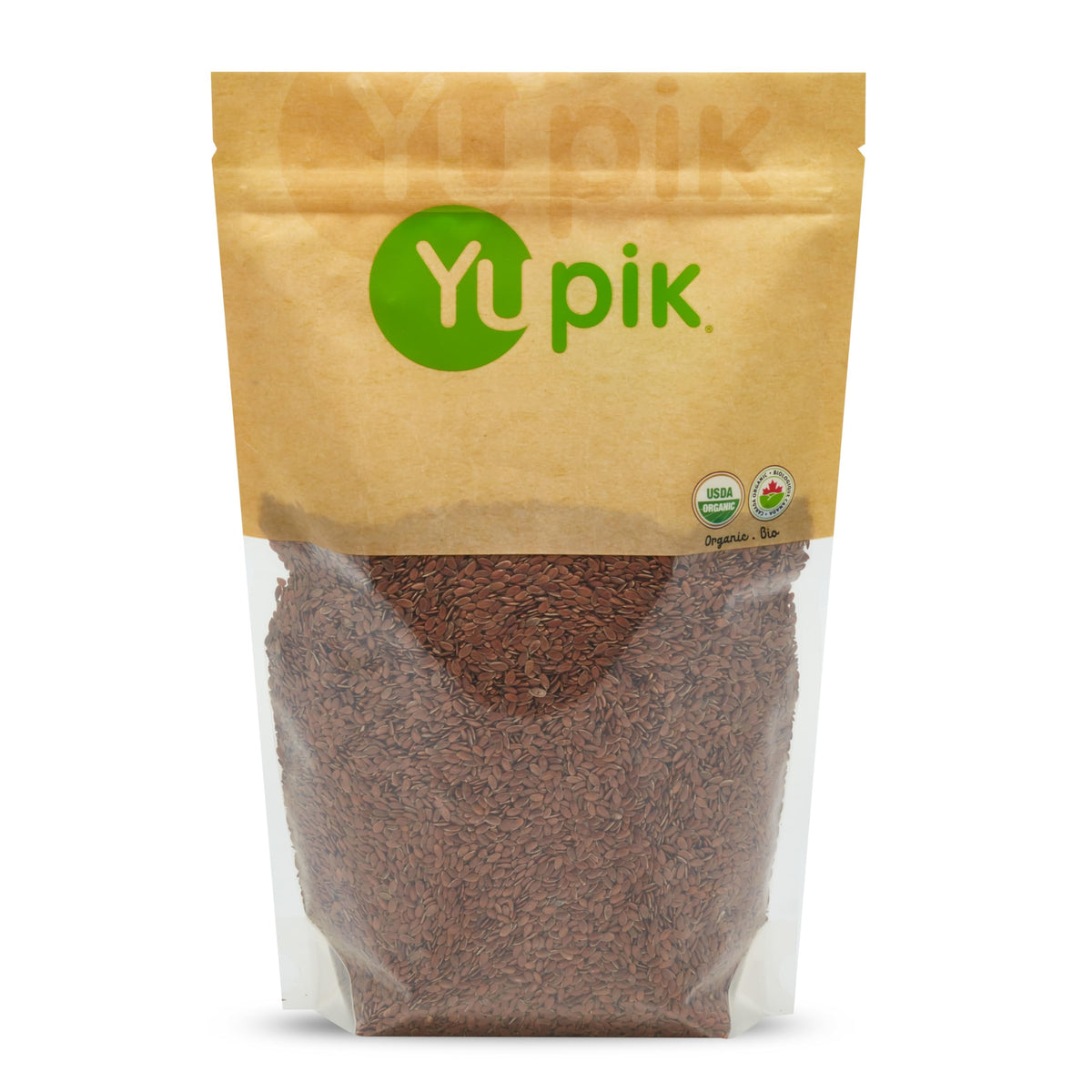 Yupik organic brown flax seeds packaging, ideal pantry storage and freshness.