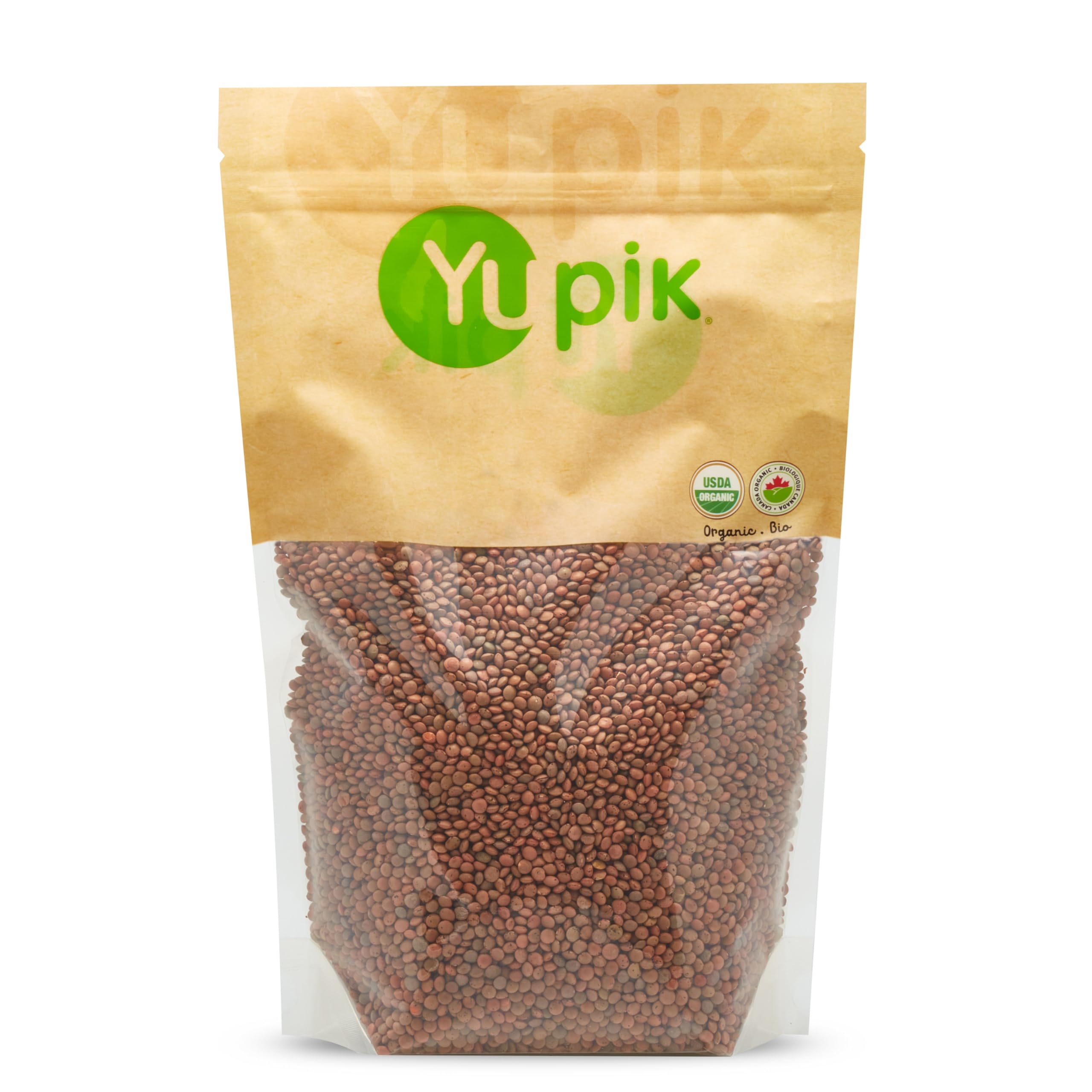 Yupik Organic Brown Lentils packaging shows premium, non-GMO product for healthy meals