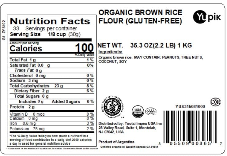 Yupik organic brown rice flour bag emphasizes organic, gluten-free cooking