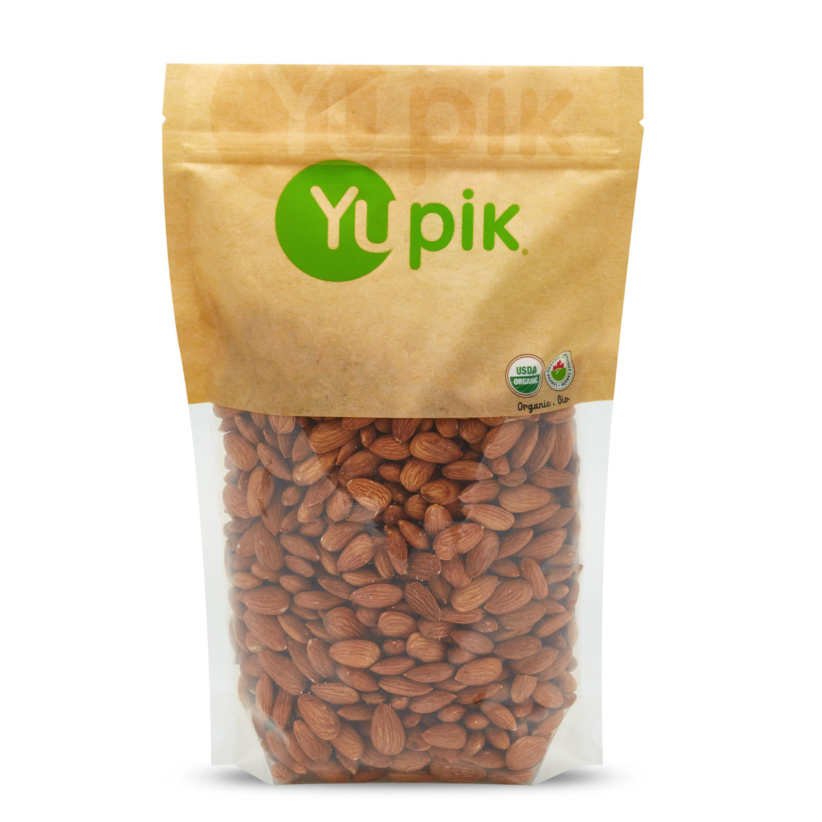 Yupik Organic California almonds in packaging, convenient protein-rich snack for on-the-go