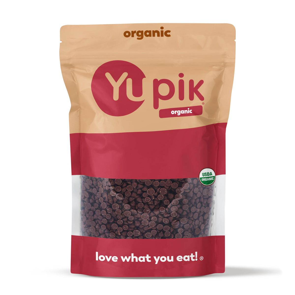 Yupik Organic 70% dark chocolate chips pour for smooth melting in recipes.