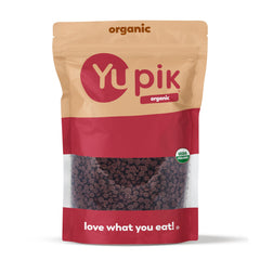 Yupik Organic 70% dark chocolate chips pour for smooth melting in recipes.