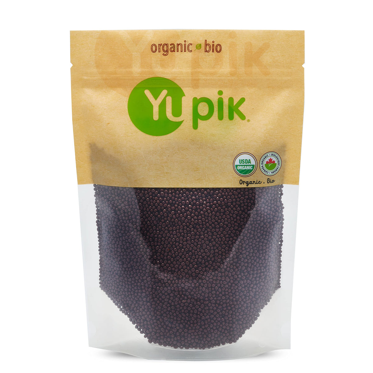 Yupik organic chia seeds coated in dark chocolate in bag for pantry snacking