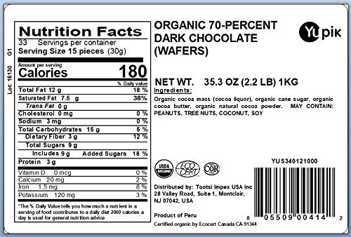 Yupik Organic Dark Chocolate Wafers close-up highlighting rich cacao and velvety texture.