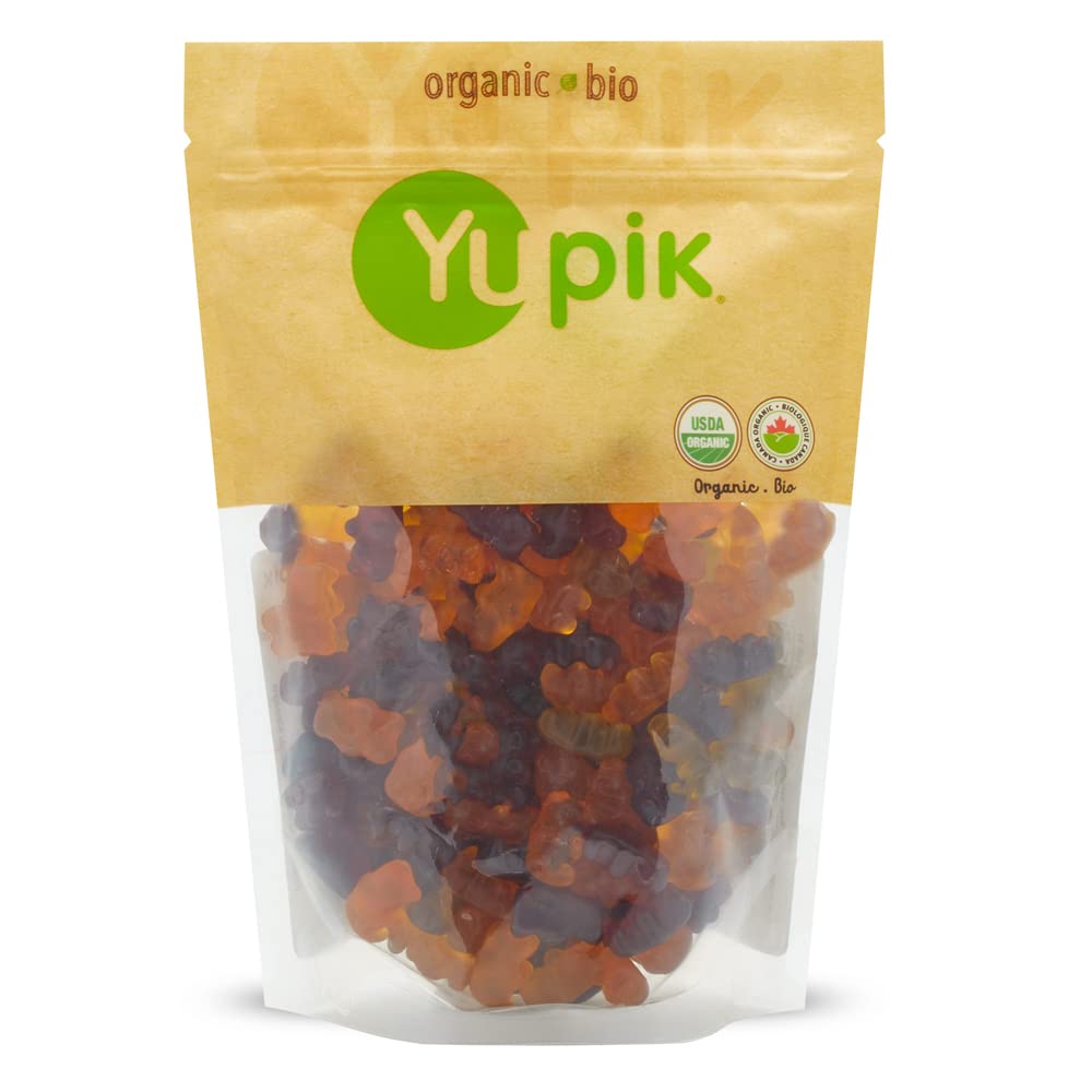 Yupik packaging shows organic fruit gummy bears, a vegan, gluten-free snack
