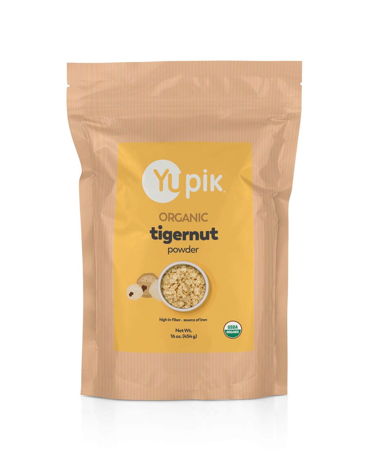 Yupik Organic Ground Tigernuts Powder 1lb in its bag, ideal gluten-free baking option.