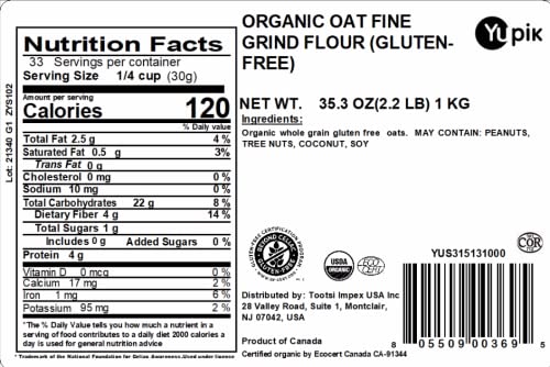 Close-up of Yupik Organic Oat Flour powder, fine grind.