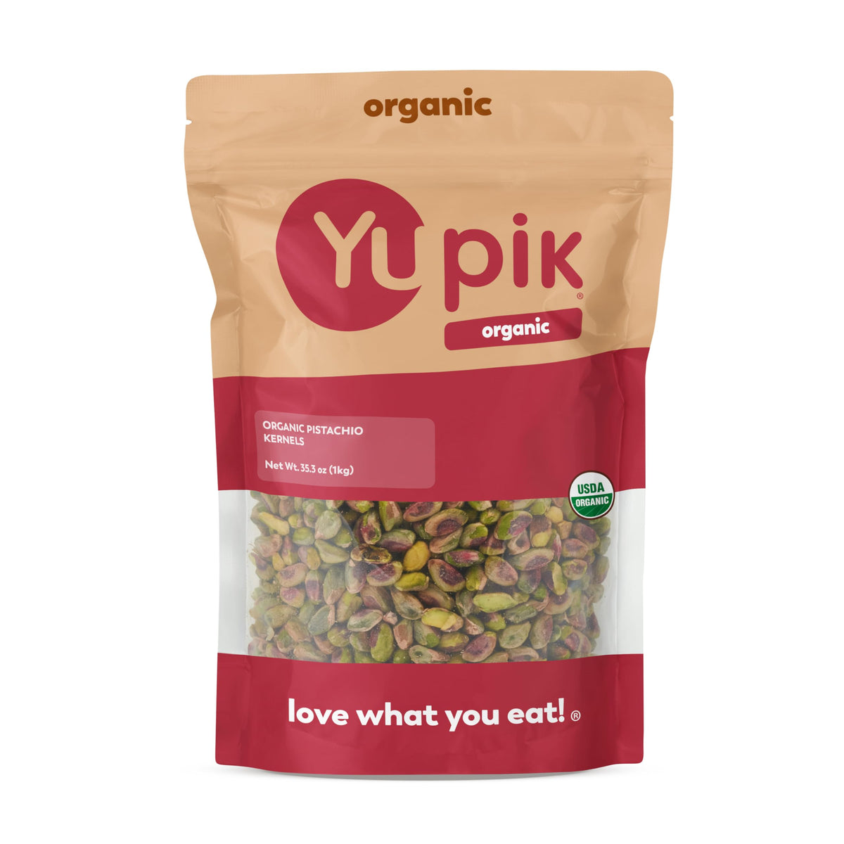 Yupik organic pistachios kernels in packaging, a convenient healthy snack