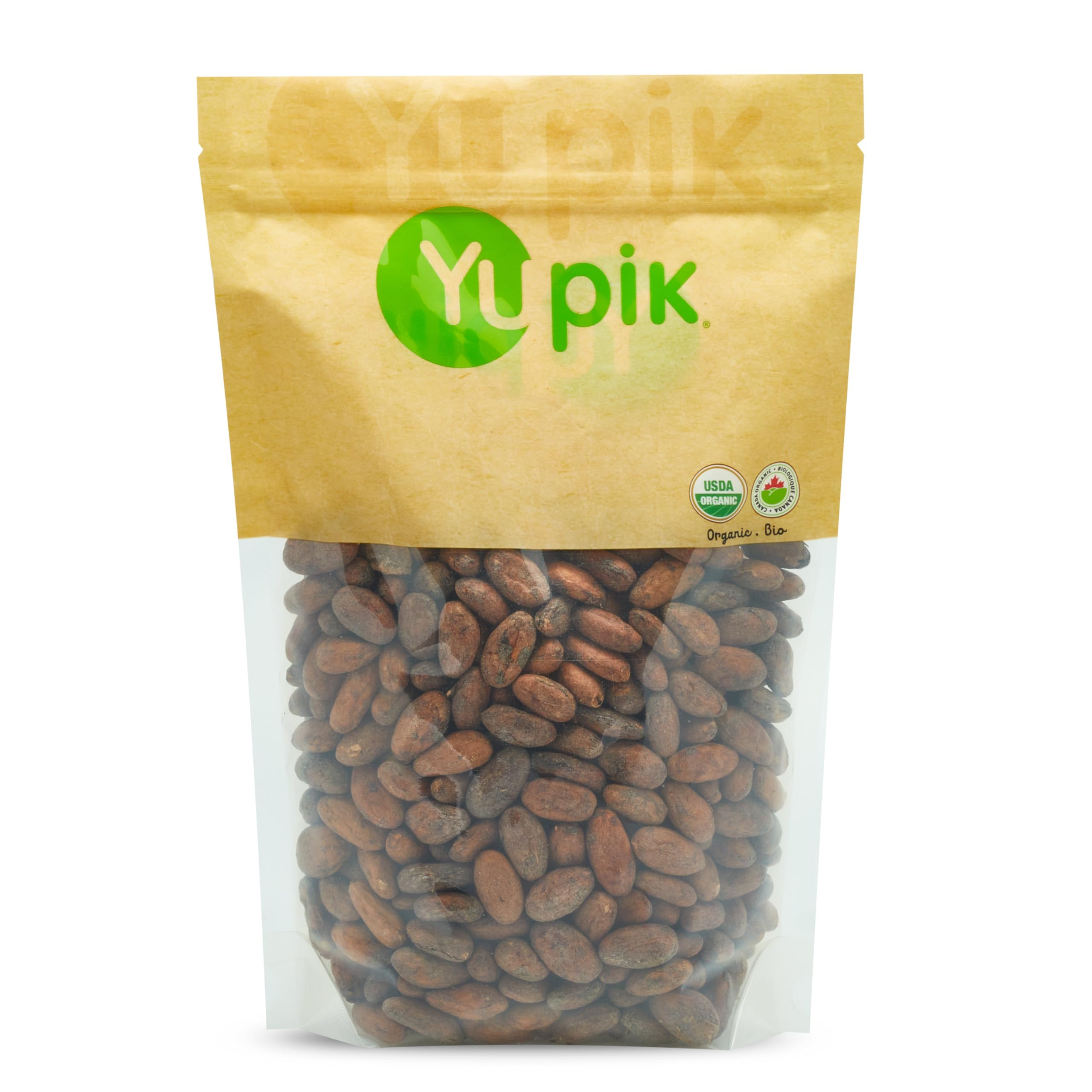 Yupik Organic Raw Cacao Beans in bag, fermented and unroasted for homemade chocolate.