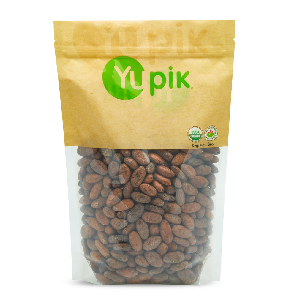 Yupik Organic Raw Cacao Beans in bag, fermented and unroasted for homemade chocolate.