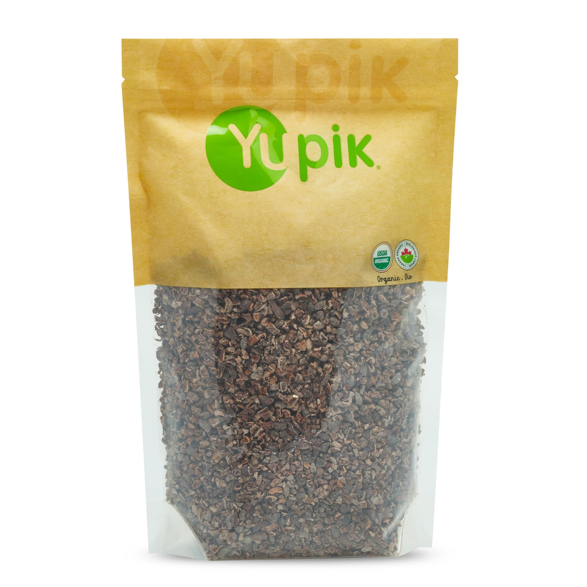 Yupik Organic Raw Cacao Nibs bag closeup showing crunchy texture for snacking