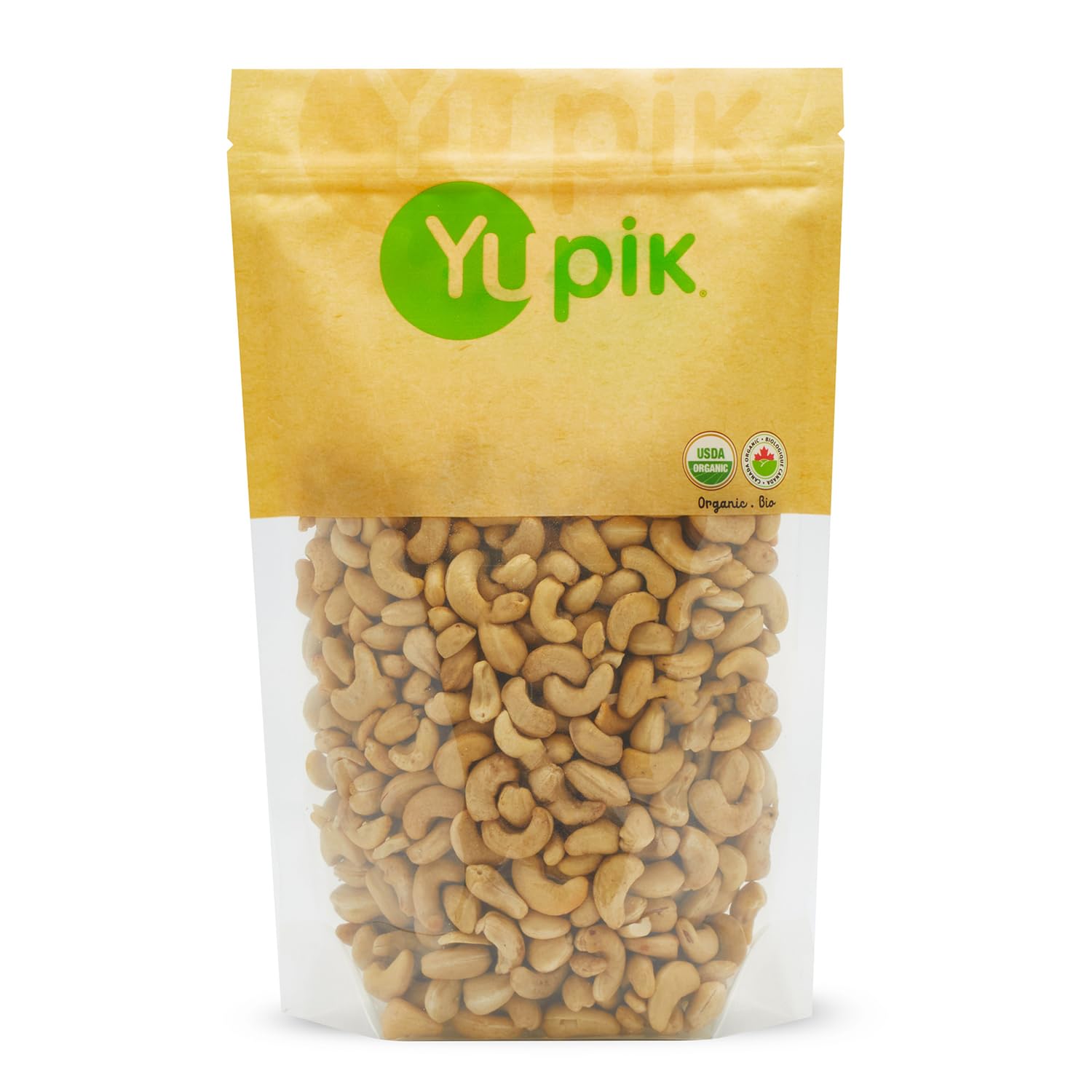 Yupik Organic Raw Cashews bag front, highlighting a protein-rich snack option