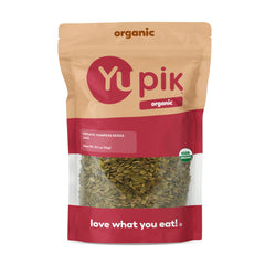 Yupik organic raw pumpkin seeds packaging showing unsalted, gluten-free option.