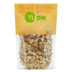 Yupik organic sliced almonds with skins, 1 lb, ideal for snacking or cooking.