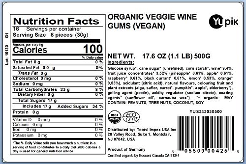 Yupik Organic Veggie Wine Gums close-up showing chewy texture and fruity flavors.