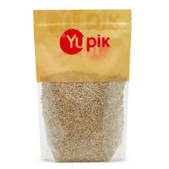 Yupik Pot Barley packaging highlights non-GMO, kosher whole grains for fiber-rich meals.