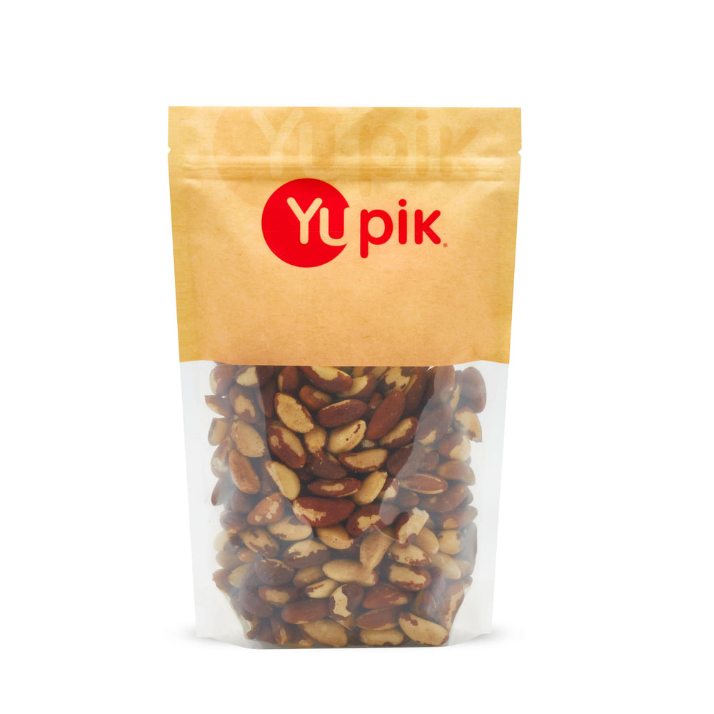 Yupik Raw Brazil Nuts packaging on shelf, gluten-free snack option.