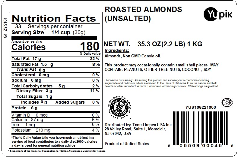 Yupik almonds bag back, nutrition highlights including protein and fiber